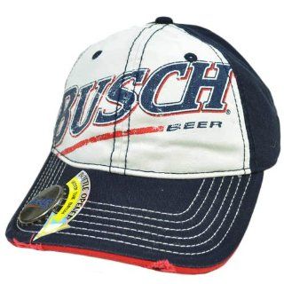 Busch Beer Built In Bottle Opener Relaxed Fit White Navy Blue Red Velcro Hat Cap : Sports Fan Novelty Headwear : Sports & Outdoors