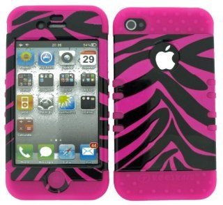 APPLE IPHONE 4 4S PINK BLACK ZEBRA HEAVY DUTY CASE + HOT PINK GEL SKIN SNAP ON PROTECTOR ACCESSORY Cell Phones & Accessories