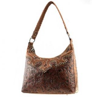 Montana West Western Genuine Leather Classic Small Round Rivet Studded Floral Embossed Unique Woven Handle Tote Satchel Hobo Shoulder Handbag Purse in Brown: Clothing