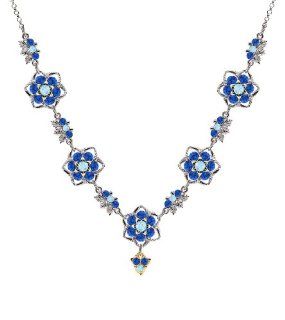 Superb Necklace by Lucia Costin with Star Shaped Flowers Surrounded by Twisted Lines, Ornate with Fancy Charm, Light Blue and Blue Swarovski Crystals; .925 Sterling Silver with 24K Yellow Gold over .925 Sterling Silver: Choker Necklaces: Jewelry