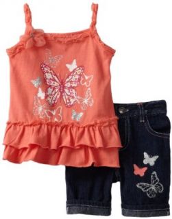 Young Hearts Baby girls Infant 2 Piece Butterfly Tunic Bermuda Short Set, Coral, 18 Months: Clothing