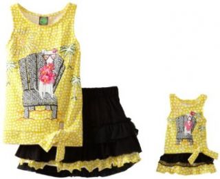 Dollie & Me Girls Sleeveless Tie Front Top With Tier Skirt And Matching Doll Garment, Yellow/Black, 7: Clothing