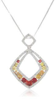 10k White Gold Shades of Orange Sapphire and Diamond Cushion Cut Pendant Necklace, 18": Jewelry