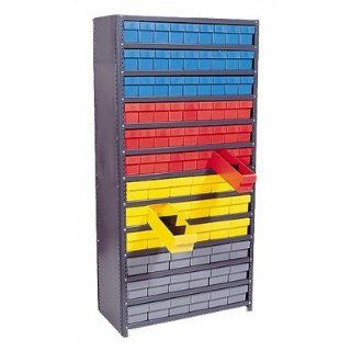 Closed Shelving Storage System with Euro Drawers (75" H x 36" W x 12" D) Bin Dimensions: 4 5/8" H x 3 3/4" W x 11 5/8" D (qty. 108), Bin Color: Blue   Garage Shelves  