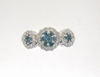1.00 Carat (ctw) 14K White Gold Round Cut White & Blue Diamond Ladies Cluster Flower Engagement Ring 1 CT: Jewelry