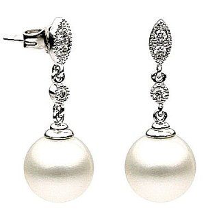 14kt Gold Freshwater Pearl and Diamond Drop Earrings 9 10mm: Dangle Earrings: Jewelry
