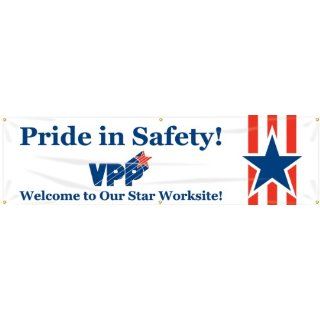 Accuform Signs MBR965 Reinforced Vinyl Motivational VPP Banner "Pride In Safety! Welcome To Our Star Worksite!" with Metal Grommets, 28" Width x 8' Length, Blue/Red on White: Industrial Warning Signs: Industrial & Scientific
