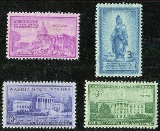 WASHINGTON DC SESQUICENTENNIAL COMPLETE SET OF 4 STAMPS ~ WHITE HOUSE ~ CAPITOL BLDG ~ SUPREME COURT ~ FREEDOM STATUE (#989 992) 4 SINGLES US POSTAGE STAMPS 