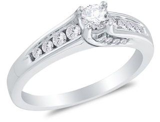 14K White Gold Diamond Classic Traditional Engagement Ring   Solitaire Setting w/ Channel Set Round Diamonds (1/2 cttw, 1/5 ct Center): Jewelry