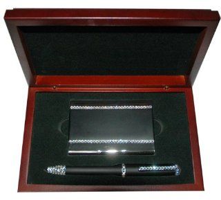 Black Metal Card Holder with Pen Set with Swarovski Crystal in Wood Box : Other Products : Office Products