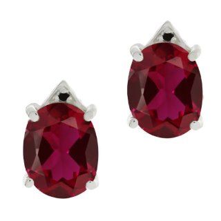 6.74 Ct Oval Red Created Ruby Black Diamond 18K White Gold Earrings: Stud Earrings: Jewelry