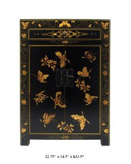 Chinese Black Lacquer Butterfly & Floral Graphic End Table / Side Table Af785   Pedestal Tables