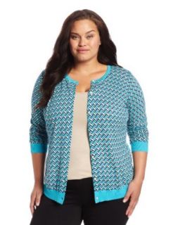 Jones New York Women's Plus Size Long Sleeve Crew Neck Cardigan Sweater with Tippin, Turquoise, 0X at  Womens Clothing store:
