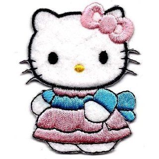 Hello Kitty wearing pink dress with blue ribbon sash Embroidered Iron On / Sew On Patch   Sanrio 