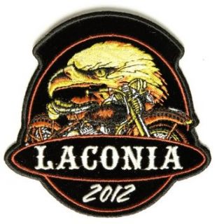 Embroidered Iron On Patch   Laconia 2012 Eagle & Motorcycle 4" x 4" Patch: Clothing