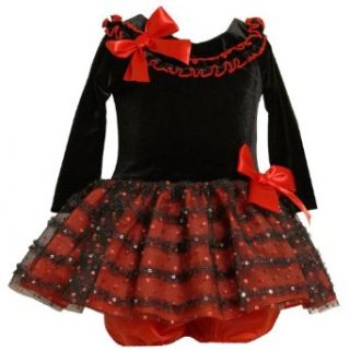 Size 3/6M BNJ 4148 2 Piece RED BLACK Stretch Velvet To Glittered and Sequined Ruffles Skirt Special Occasion Holiday Party Dress,X04148 Bonnie Jean Baby/NEWBORN Clothing