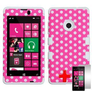 Nokia Lumia 521 (T Mobile) 2 Piece Silicon Soft Skin Hard Plastic Image Case Cover, White Polka Dot Design Pink Cover + LCD Clear Screen Saver Protector: Cell Phones & Accessories