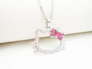 SILVER CRYSTAL HELLO KITTY OUTLINE PINK BOW NECKLACE