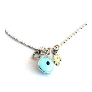 Light Blue Evil Eye Sterling Silver Necklace with Hamsa & Heart Charms: Jewelry