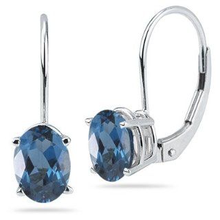 4.06 Cts of 9x7 mm AAA Oval London Blue Topaz Stud Earrings with Lever Backs in 14K White Gold: Jewelry