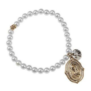 Catholic & Religious Sacred Heart of Jesus Bracelet. Ivory Pearl Religious Relics Stretch Bracelet •Features: * Worn Gold/ Antique Silver Plating * Ivory Pearl Stretch Bracelet * Chain Cluster Accent * 2 tone Religious Relics Charms * Stretch: 1