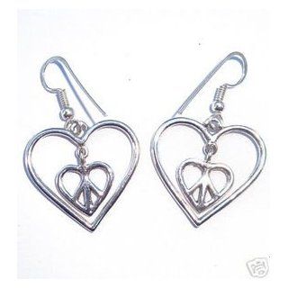 Solid 925 St Sterling Silver Cut Out Inner Peace And Love Sign Heart Dangle Wire Back Hook Earrings Jewelry 1 1/2 x1 Inches Jewelry