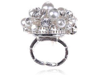 Faux Pearls Crystal Rhinestone Roses Flower Silver Tone Metal Stretch Adj Ring: Jewelry