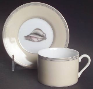 Fitz & Floyd Coquillier Flat Cup & Saucer Set, Fine China Dinnerware   Tan Rim,G