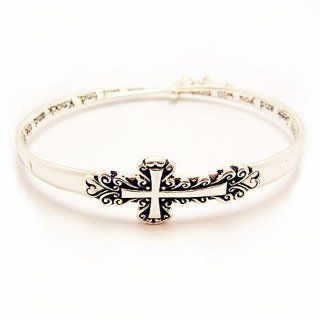 Inspirational Cross Shaped Bangle Bracelet; Silver Tone Metal with Cross Charm; 2.75" Diameter; Engraved words: "Ask it will be given to you; Seek and you will find, knock and the door will be opened to you.": Jewelry