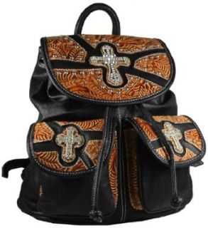 Western Style Drawstring Backpack 15" Tooled Faux Leather with Rhinestone Crosses and Studs Large Purse  Available in 4 Colors (Black with Brown): Clothing