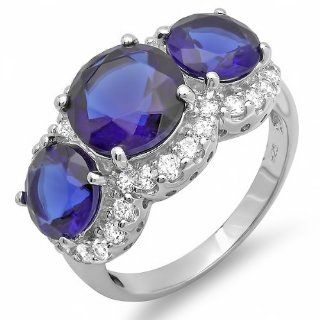 4.50 CT Three Stone Sterling Silver Ladies Round Deep Blue Sapphire Cubic Zirconia CZ Classic Engagement ring 0.51 inch (Available in size 6, 7, 8) size 8: Jewelry