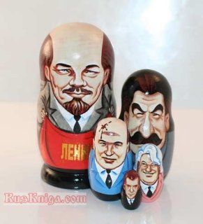 Nesting 6" Doll 5 Matryoshka LENIN/STALIN/MEDVEDEV [Made in Russia. 5 pieces Artist: Abakumov. Height: 6 inches (15 cm); Materials: linden wood, gouache, lacquer] [This amusing matryoshka is like a history lesson in miniature. The first and largest do