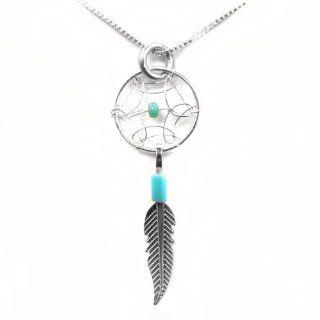 Dream Catcher Sterling Silver Turquoise Imitation Box Chain 18" Delicate Extremely Tiny Feather Pendant: Pendant Necklaces: Jewelry