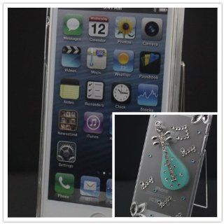 Big Dragonfly ( High Quality ) Beautiful Clear 3D Bling Diamond Rhinestone Skin Case Hard Below Cover for Apple iPhone 5 5g with Mint Chinese Lute Pattern Retail Package: Cell Phones & Accessories