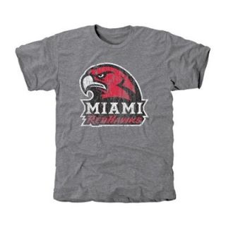 Miami University RedHawks Distressed Logo Vintage Tri Blend T Shirt   Ash