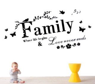 23.6" X 43.3" Family Where Life Begins & Love Never Ends Vinyl Wall Stickers Quotes and Saying Flowers Birds Wall Decals