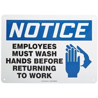 Accuform Signs MRST805VA Aluminum Safety Sign, Legend "NOTICE EMPLOYEES MUST WASH HANDS BEFORE RETURNING TO WORK" with Graphic, 10" Length x 14" Width x 0.040" Thickness, Blue/Black on White Industrial Warning Signs Industrial &a