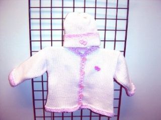 Ck605ip, Knitted on Hand Knitting Machine Then Finished By Hand Crochet Infant Girls Outfit, Containing Ivory Cotton Crocheted Pink Chenille Trim Cardigan Sweater, Hat Set with Pink Heart Applique: Infant And Toddler Sweaters: Clothing
