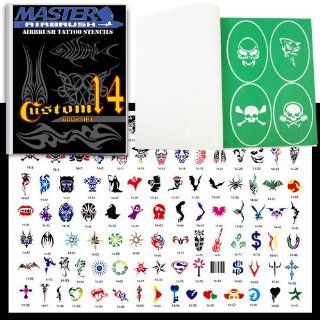 Master Airbrush Brand Airbrush Tattoo Stencils Set Book #14 Reuseable Tattoo Template Set, Book Contains 100 Unique Stencil Designs, All Patterns Come on High Quality Vinyl Sheets with a Self Adhesive Backing.