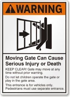 Moving Gate Can Cause Serious Injury Or Death (with Sliding Gate Symbol), Laminated Vinyl Labels, 5 Labels / Pack, 10" x 7"  