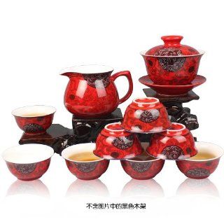 Original Chinese Tea Set (Red Design) Includes 6 Cups, 2 Plates, 1 Jug, 1 Tea Pot, 2 Stirring Spoons and 1 Red Glaze Tin Containing Individual Chinese Tea Packets: Tea Services: Kitchen & Dining