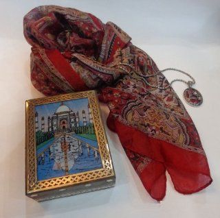 Unique Ethnic Valentine's Day Gift Set   Contains Ethnic Red Pure Silk Scarf and a Matching Flower Necklace in an Exquisite Wooden Box with Hand Painted Taj Mahal   Symbol of Love in the 7 Wonders of the World  Other Products  