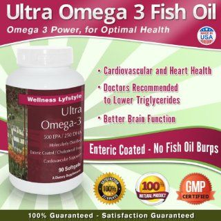 Ultra Omega 3 Fish Oil Pills   Essential Fatty Acids   High Potency Enteric Coated Burpless Supplements For Men and Women   Each Capsules Contains 1000 mg of Fish Oil Concentrate with 500 EPA / 250 DHA   90 Softgels   Only 1 a Day   Money Back Guarantee: H
