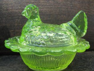 Mini Vaseline Glass Hen on Nest Chick Salt Covered Dish : Collectible Figurines : Everything Else