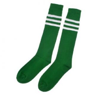 Man Elastic Stripes Knee High Soccer Hockey Socks Stockings White Green Pair: Clothing