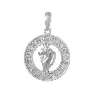 Sterling Silver Charm Turks & Caicos On Round Frame Conch Shell: Chain Necklaces: Jewelry