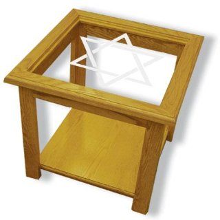 Oak Glass Top End Table With Jewish Star of David Etched Glass   Jewish Star of David End Table Furniture   Unique Jewish Star of David Gift Ideas   Fully Assembled   22" x 22" x 20" high  