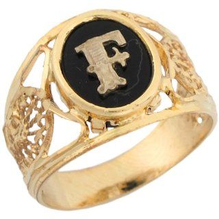 14k Yellow Gold Onyx Letter F Modern Ladies Filigree Initial Ring: Jewelry