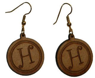 Curly Letter H earrings with 1 inch wooden beads  gold plated: Jewelry
