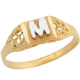 14k Two Tone Real Gold Diamond Cut Design Letter M Initial Band Ring Jewelry